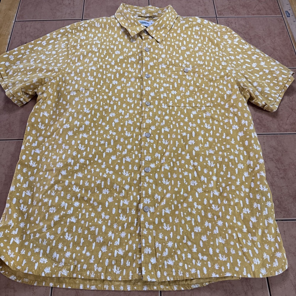 Wellen Shirt Mens Sz Large Gold Cactus Organic Cotton Short Sleeve Button Front